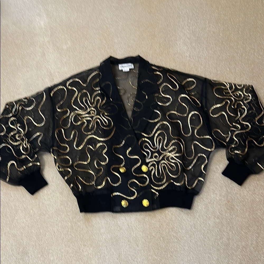 Vintage Silkworms sheer Black organza and Gold ribbon top - one size